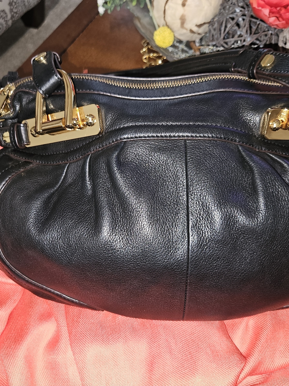 b. makowsky Black Leather Shoulder Bag with Gold-Tone Hardware